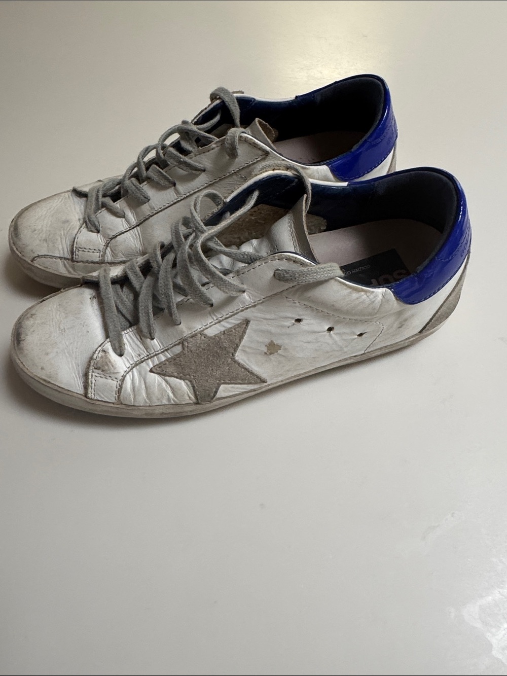 Golden Goose White Leather Men's Sneakers with Blue Heel and Grey Star